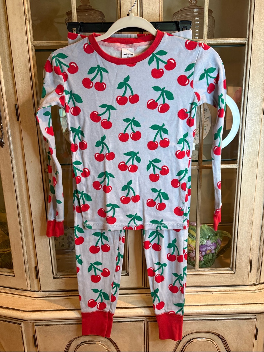 Mini Boden 100% Cotton Cherry-Print Pajama Set in Light Blue with Red Cherries